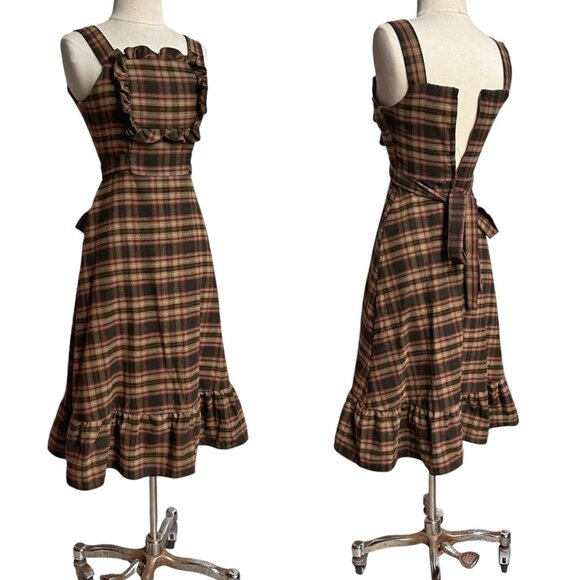 70s vintage plaid wool prairie dress ruffle cottage western sleeveless flare. - Picture 7 of 12